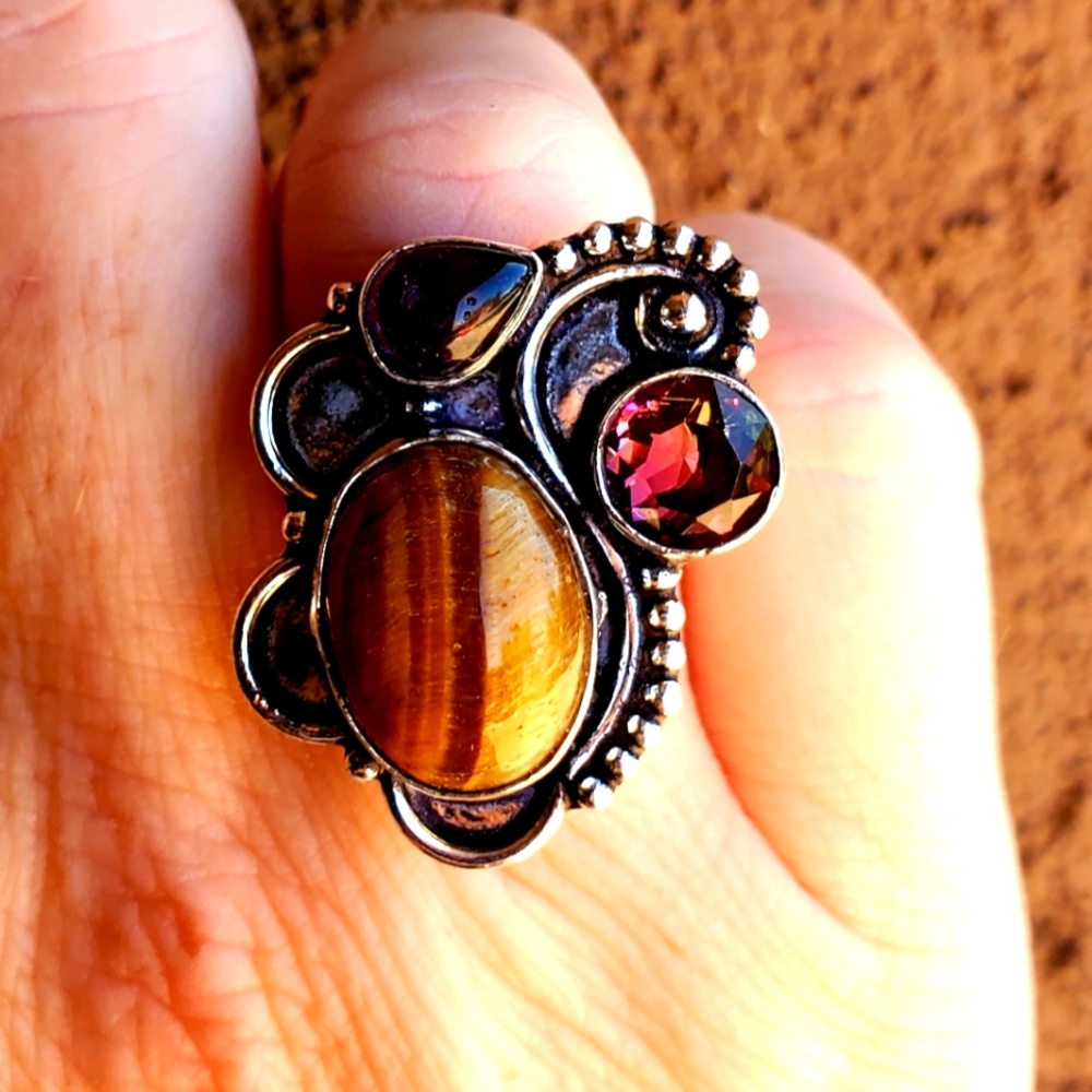 New Tiger Eye, Amethyst & Ametrine 925 Silver Ring.